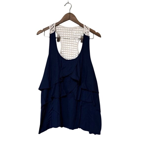 Unknown Tops - Navy Blue Sleeveless Tank Top With Crochet Back & Layered Ruffle Front - Womens